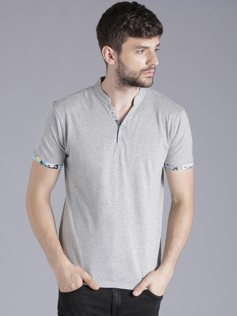 

Kook N Keech Men Grey Melange Solid Mandarin Collar T-shirt