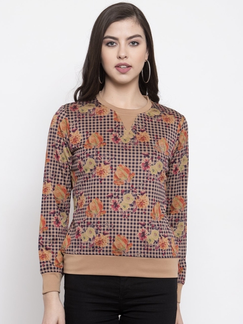 

armure Brown Checked & Floral Print Regular Fit Satin Top