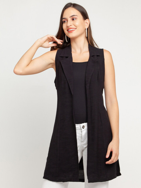 

Zink London Women Black Solid Open Front Sleeveless Shrug