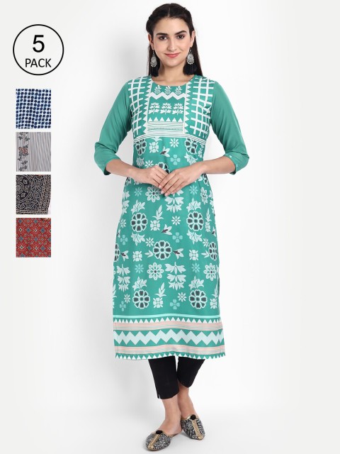 

KALINI Pack Of 5 Green, Black & Blue Printed Regular Fit Straight Crepe Kurta