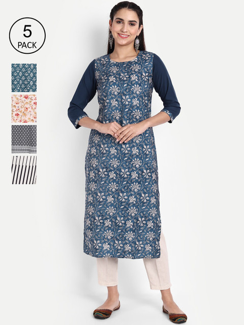 

KALINI Women Pack Of 5 Multicoloured Geometric Printed Crepe Kurtas, Multi