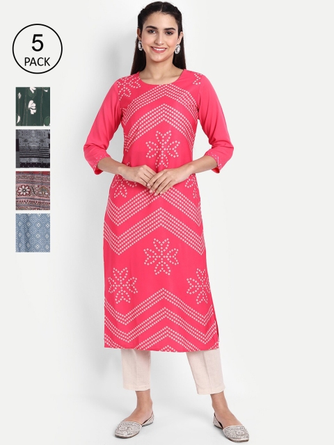 

KALINI Women Pack of 5 Multicoloured Printed Crepe Straight Kurta, Multi