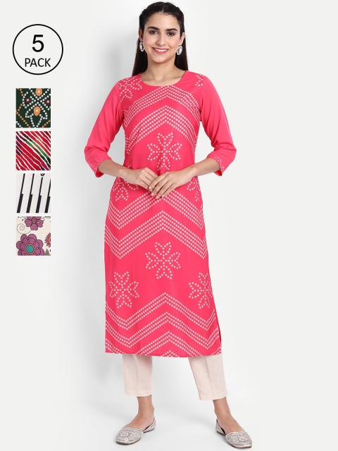 

KALINI Women Pack of 5 Printed Crepe Kurtas, Pink