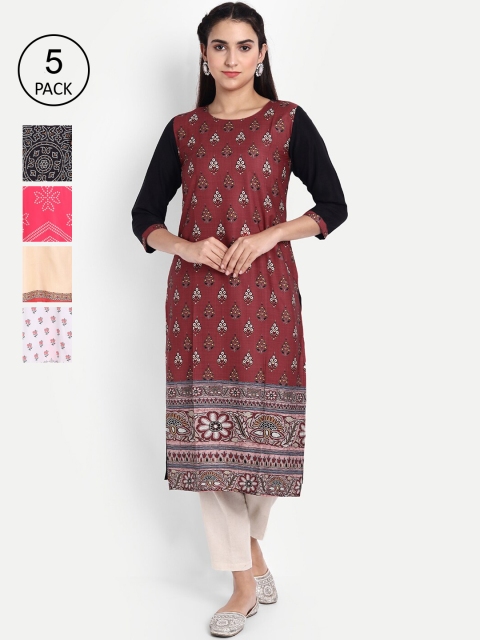 

KALINI Women Pack Of 5 Multicoloured Geometric Printed Crepe Kurtas, Multi