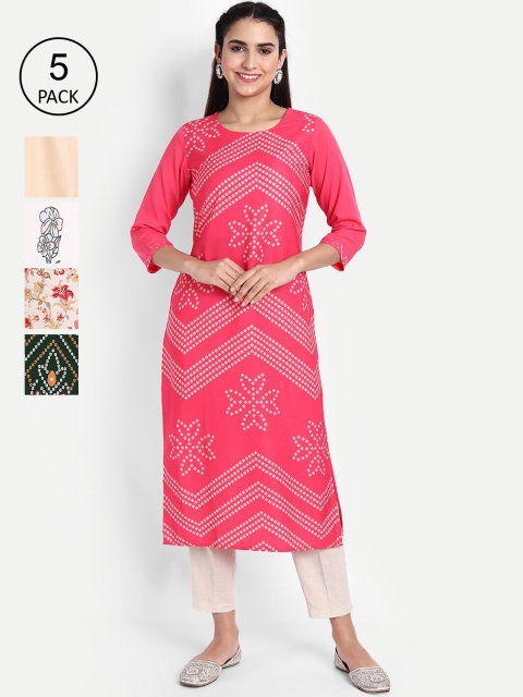 

KALINI Women Pack of 5 Pink & White Printed Crepe Kurta