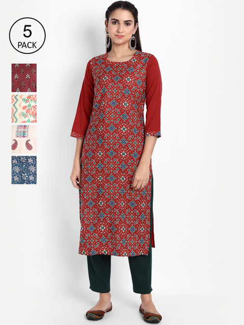 

KALINI Women Pack Of 5 Multicoloured Geometric Printed Crepe Kurtas, Multi