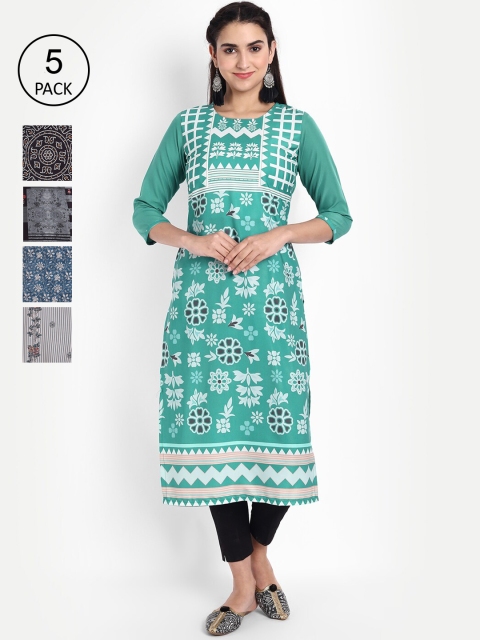 

KALINI Women Pack of 5 Green & White Printed Crepe Kurta
