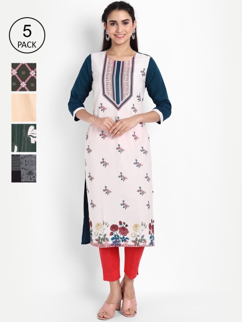 

KALINI Pack Of 5 White, Green & Black Floral Printed Regular Fit Straight Crepe Kurta