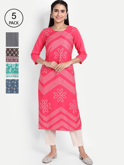 

KALINI Women Pack of 5 Multicoloured Floral Printed Crepe Kurta, Multi