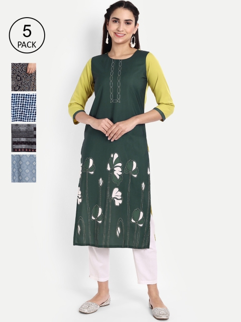 

KALINI Women Pack Of 5 Multicoloured Geometric Printed Crepe Kurtas, Multi