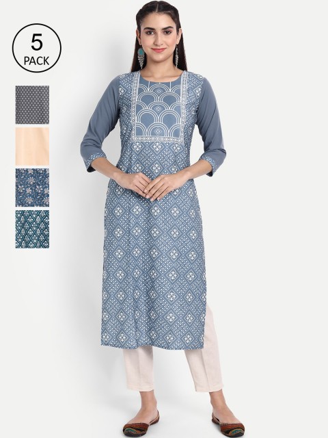 

KALINI Women Pack of 5 Multicoloured Printed Crepe Straight Kurta, Multi
