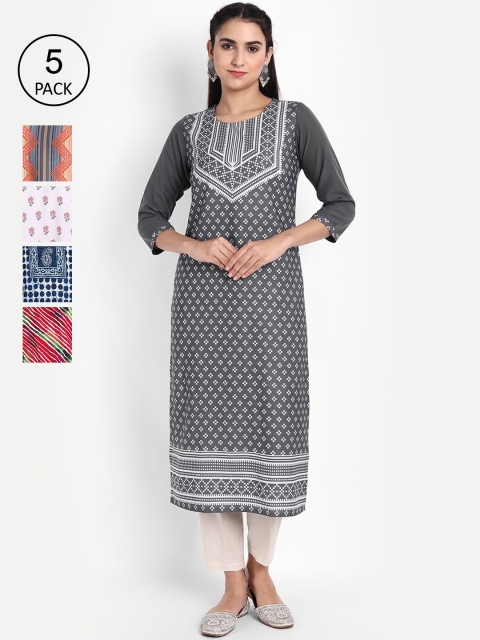 

KALINI Women Multicoloured Pack of 6 Ethnic Motifs Printed Crepe Kurta, Multi