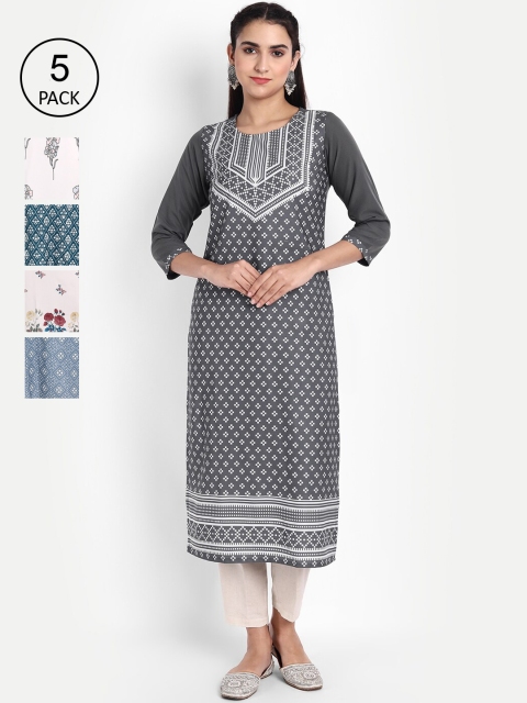 

KALINI Women Pack of 5 Black & White Printed Crepe Kurta