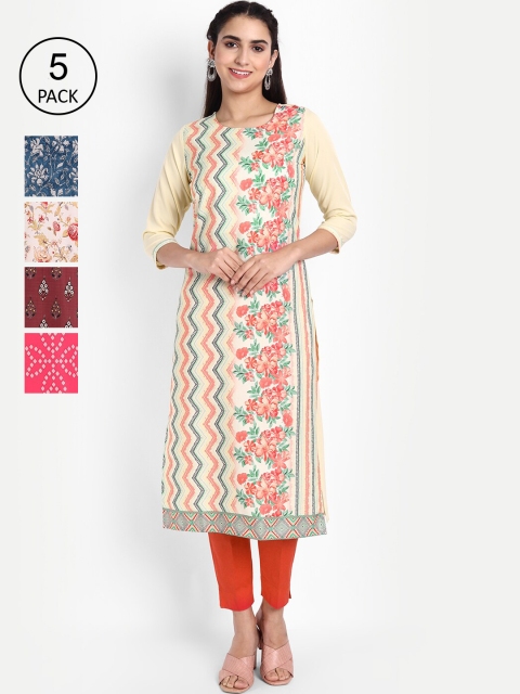 

KALINI Pack Of 5 Cream, Blue & Pink Floral Printed Regular Fit Straight Crepe Kurta