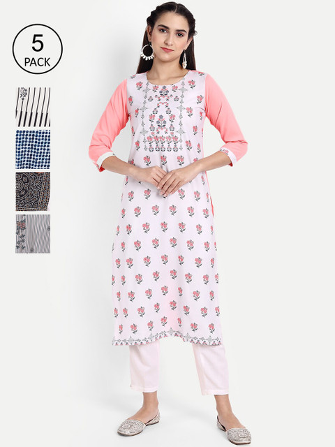 

KALINI Women Pack Of 5 Multicoloured Geometric Printed Crepe Kurtas, Multi