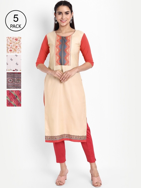 

KALINI Women Pack of 5 Multicoloured Printed Crepe Straight Kurta, Multi