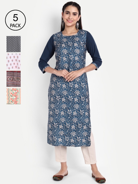 

KALINI Pack Of 5 Blue, Cream & Grey Printed Regular Fit Straight Crepe Kurta