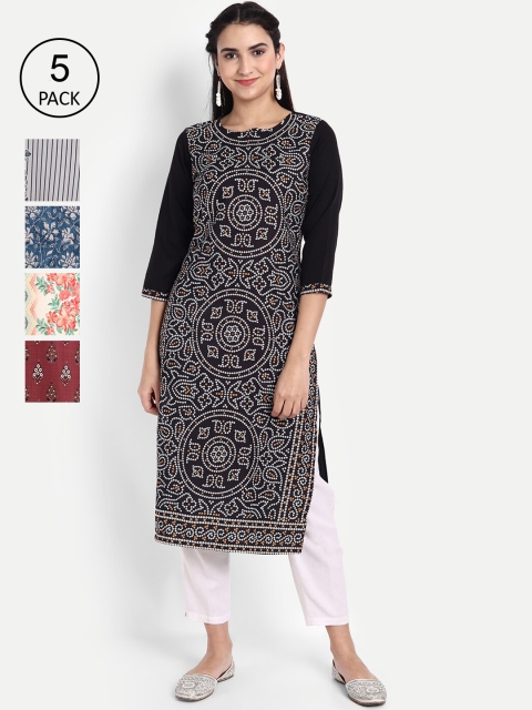 

KALINI Women Pack Of 5 Multicoloured Geometric Printed Crepe Kurtas, Multi
