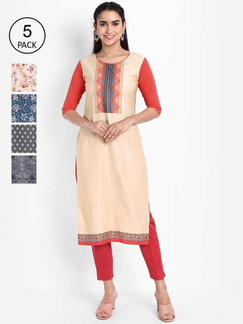 

KALINI Woman Pack of 5 Multicoloured Ethnic Motifs Printed Crepe Kurta, Multi