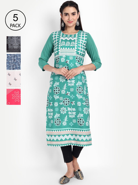 

KALINI Women Multicoloured Pack of 6 Ethnic Motifs Printed Crepe Kurta, Multi