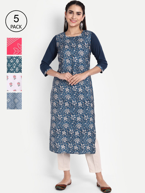 

KALINI Pack Of 5 Blue, Pink & Teal Ethnic Motifs Printed Regular Fit Straight Crepe Kurta
