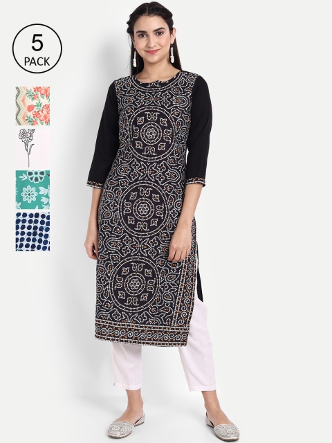 

KALINI Women Pack Of 5 Multicoloured Printed Crepe Kurtas, Multi