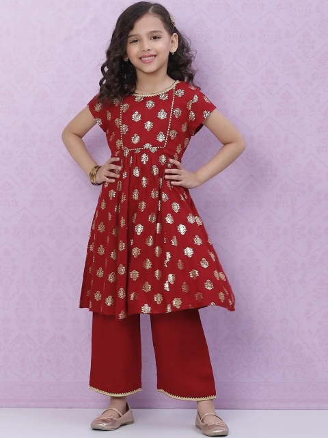 

Biba Girls Red Ethnic Motifs Printed Pleated Kurta with Palazzos