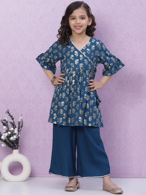

Biba Girls Teal & Silver-Toned Floral Printed Angrakha Gotta Patti Kurta with Palazzos