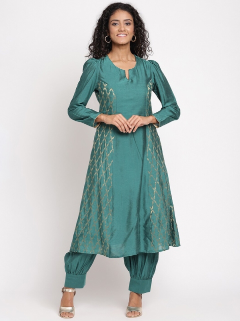 

Abhishti Women Green Ethnic Motifs Jacquard Banarasi Regular Kurta With Patiala