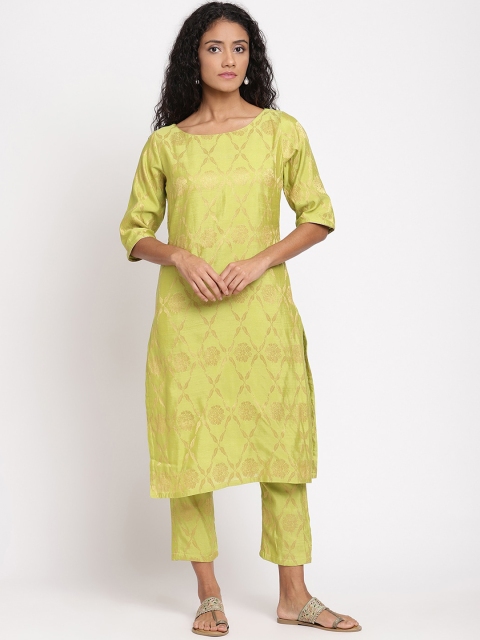 

Abhishti Women Green Ethnic Motifs Jacquard Banarasi Straight Kurta