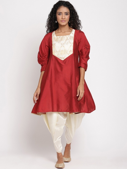 

Abhishti Women Red Yoke Design Jacquard Banarasi Kurta