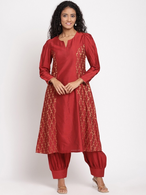 

Abhishti Women Red Ethnic Motifs Flared Sleeves Gotta Patti Jacquard Kurta