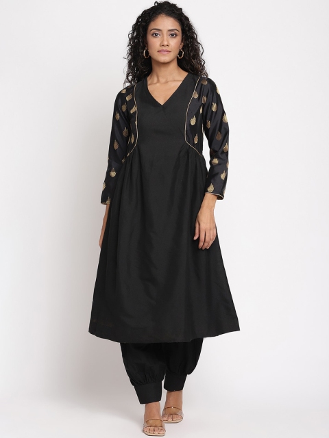 

Abhishti Women Black & Gold-Toned Solid Jacquard Banarasi A-line Kurta