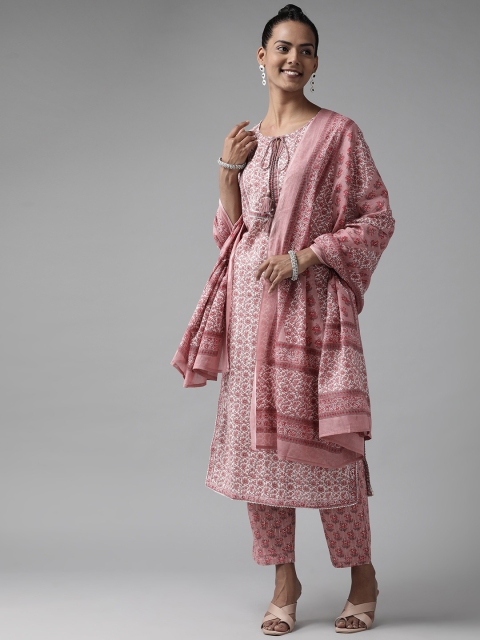 

Yufta Women Pink Floral Printed Gotta Patti Pure Cotton Kurta with Trousers & With Dupatta