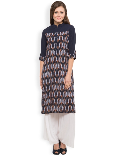 

Vishudh Women Navy & White Printed A-Line Kurta, Navy blue