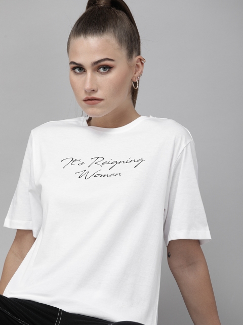 

Roadster Women White & Black Typography Printed Pure Cotton Boxy T-shirt