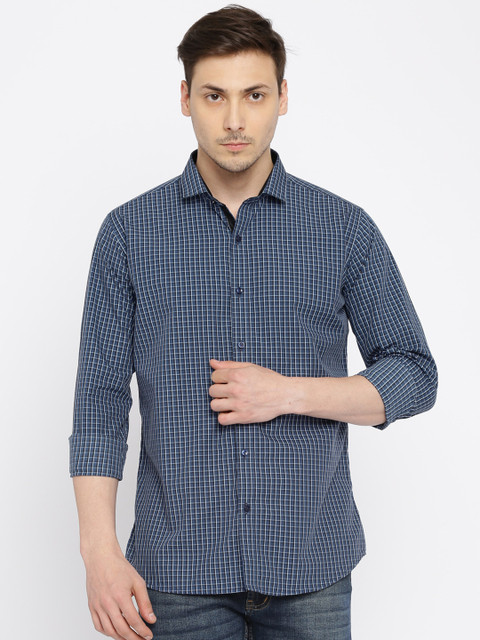 

Four One Oh Men Navy Blue Checked Slim Fit Casual Shirt