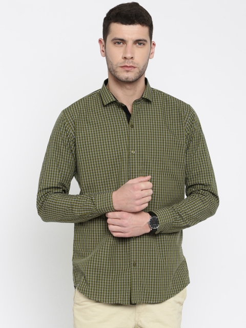 

Four One Oh Men Olive Green & Black Slim Fit Checked Semi Formal Shirt
