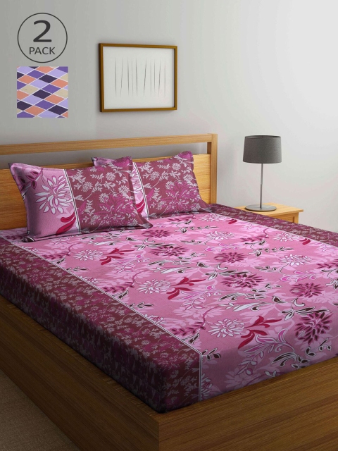 

KLOTTHE Pink & Purple Floral 210 TC 2 Queen Bedsheet with 4 Pillow Covers