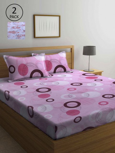 

KLOTTHE White & Pink Geometric 210 TC 2 Queen Bedsheet with 4 Pillow Covers
