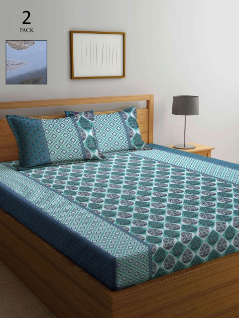 

KLOTTHE Green & Blue Geometric 210 TC 2 Queen Bedsheet with 4 Pillow Covers