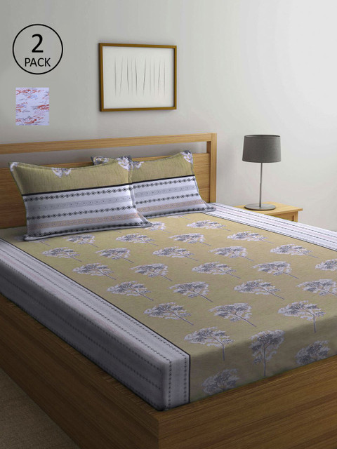 

KLOTTHE Yellow & White Floral 210 TC Set of 2 Queen Bedsheet with 4 Pillow Covers