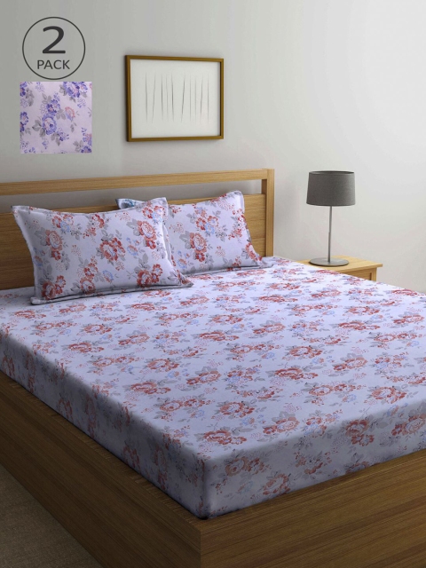

KLOTTHE White & Purple Floral 210 TC 2 Queen Cotton Bedsheet with 4 Pillow Covers