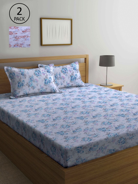 

KLOTTHE White & Blue Floral 210 TC 2 Cotton Queen Bedsheet with 4 Pillow Covers