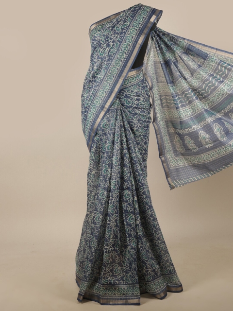 

Pothys Blue & Green Floral Printed Zari Jute Silk Saree