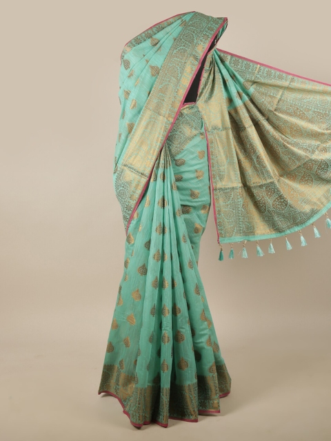 

Pothys Green & Gold-Toned Ethnic Motifs Zari Jute Silk Saree