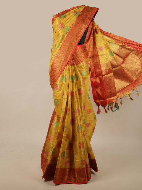 

Pothys Mustard & Red Ethnic Motifs Zari Jute Silk Saree