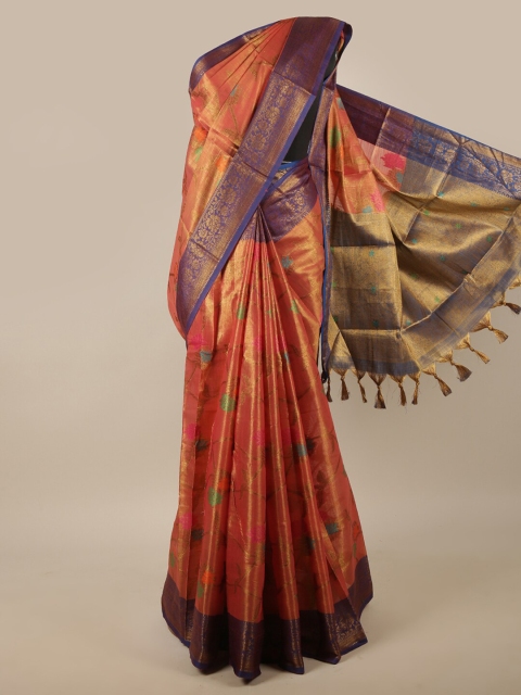 

Pothys Orange & Blue Floral Zari Jute Silk Saree