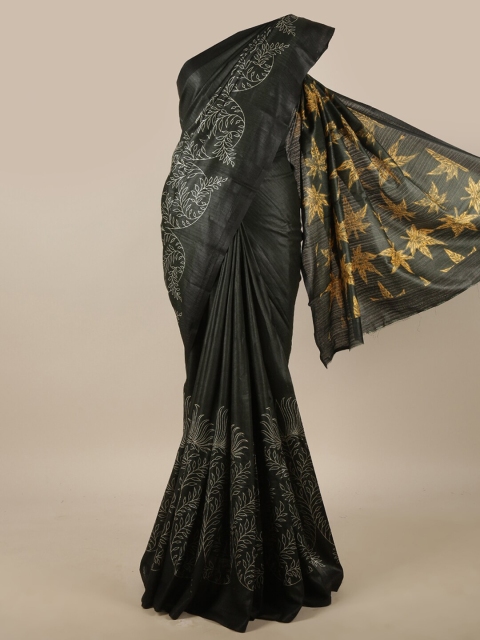 

Pothys Dark Green & Gold-Toned Floral Printed Jute Silk Saree
