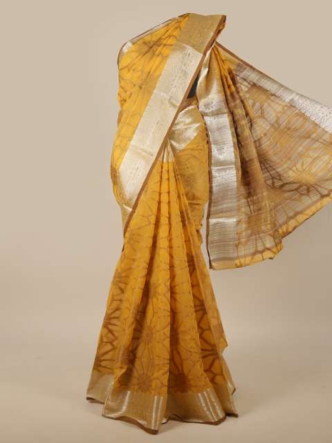 

Pothys Mustard & Silver-Toned Woven Design Zari Jute Silk Saree
